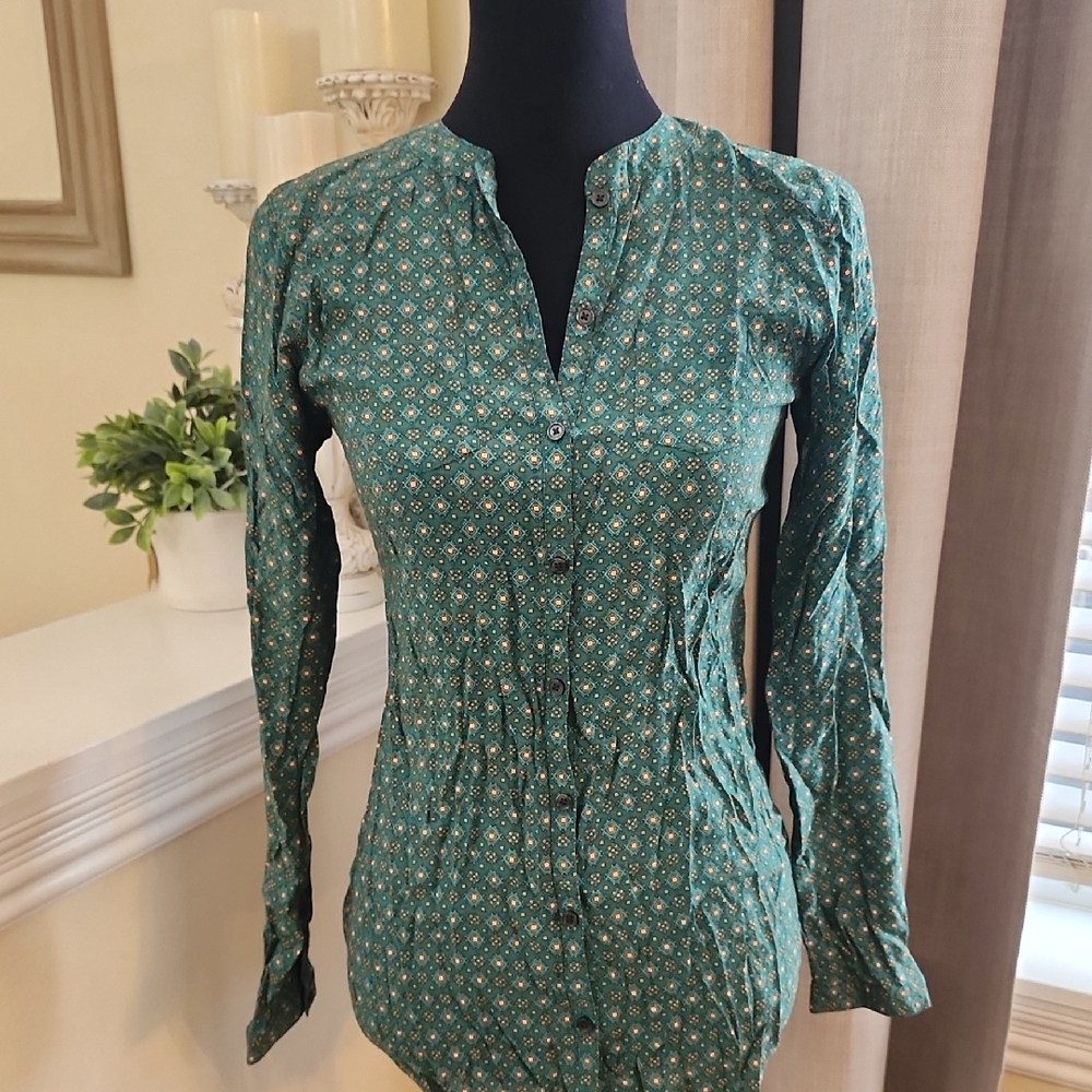 Van Heusen Teal Patterned Blouse, Size XXS